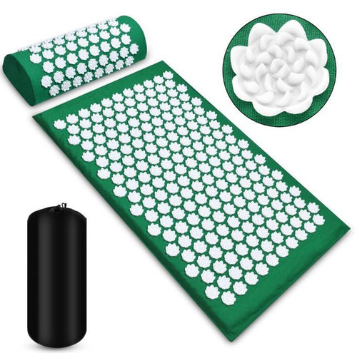 Green acupressure mat, matching contour pillow, and black drawstring storage bag