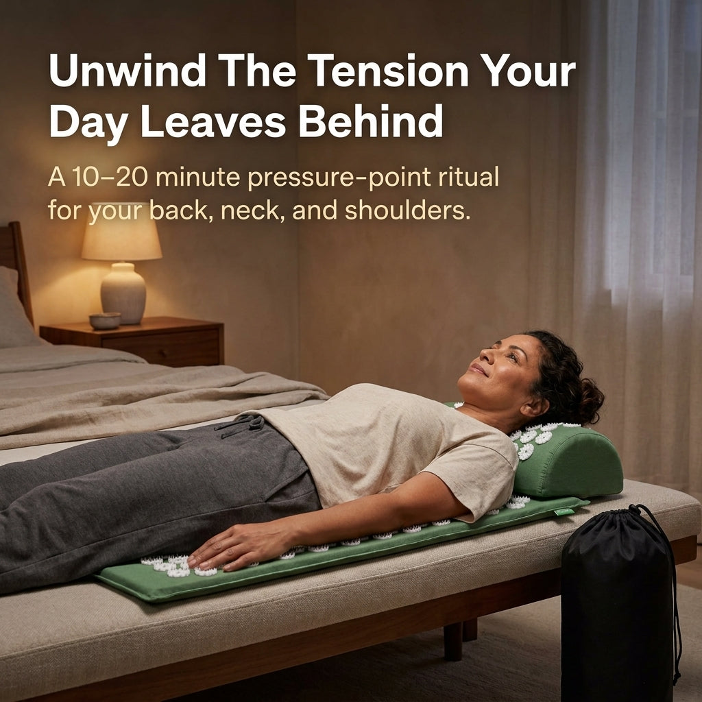 Woman lying on a green acupressure mat and pillow beside a black storage bag