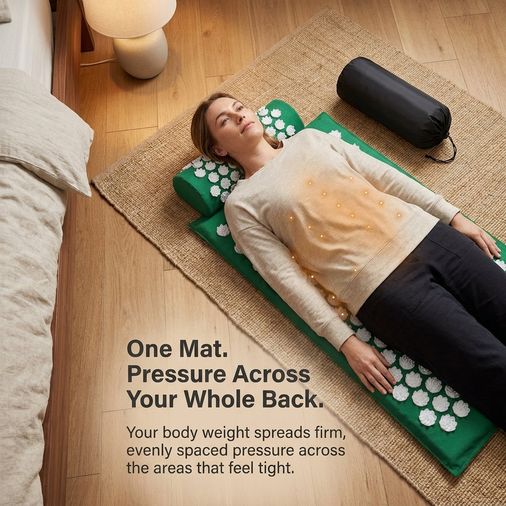 Woman using a green acupressure mat and pillow on the floor beside a black storage bag